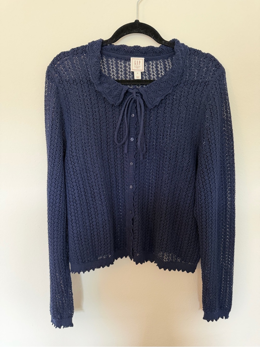 Gap x DÔEN Pointelle Knit Tie Front Cardigan Navy Blue XL